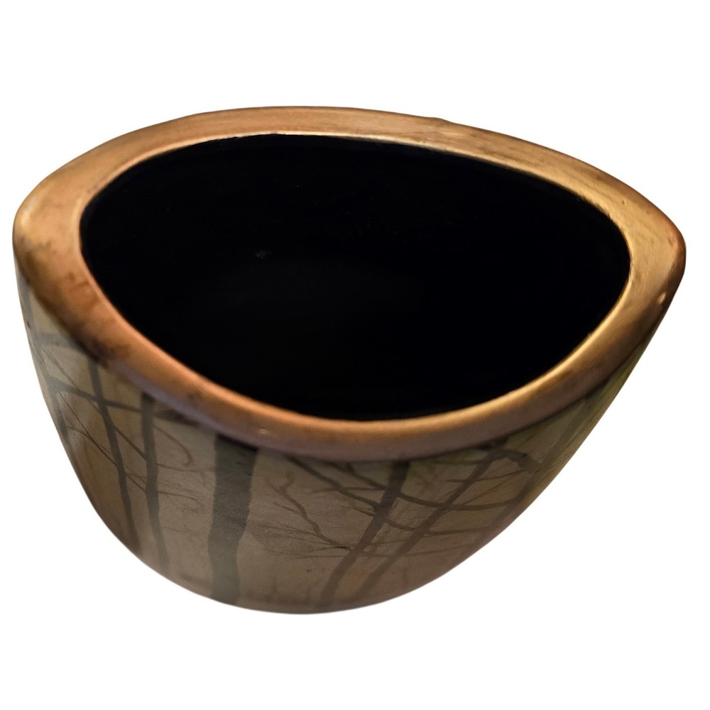 Modern Ceramic Winter Forest Tree Scene Boat Shaped Vase Gold Rim 11 Inch - Picture 5 of 9